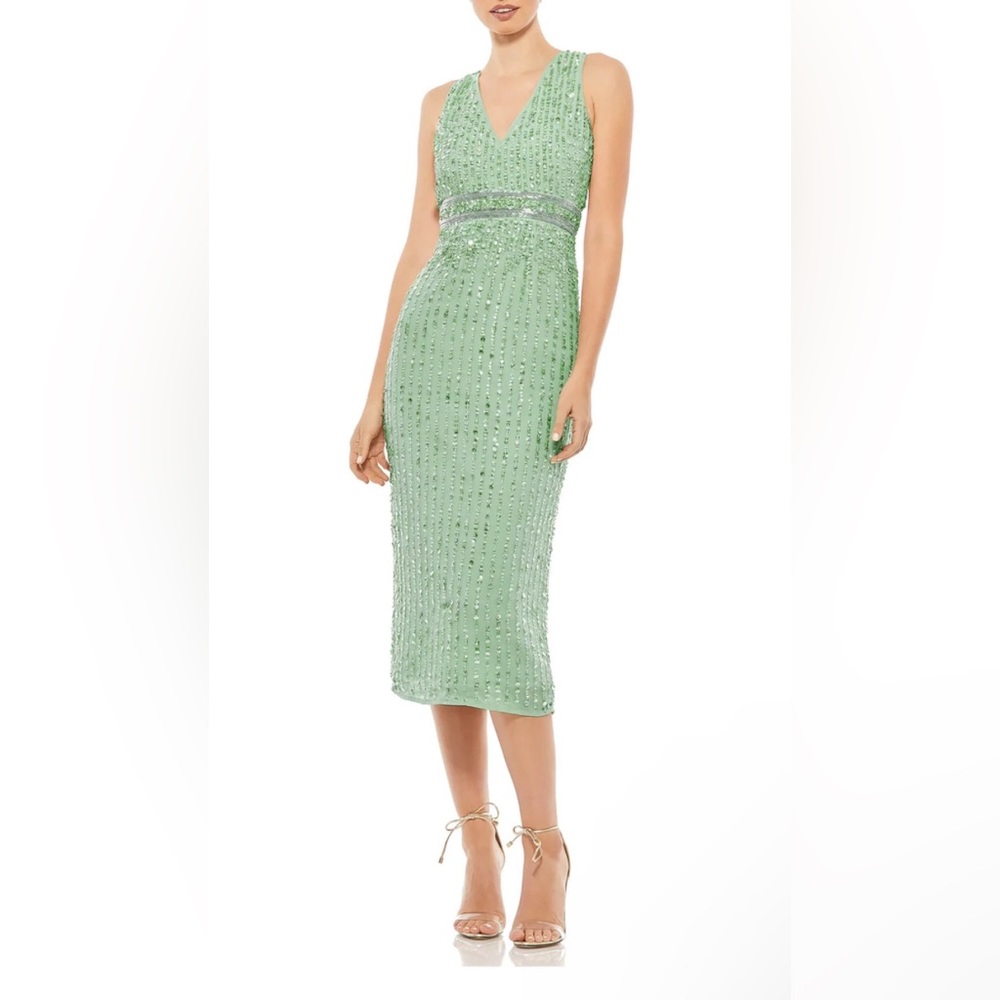 Mac Duggal Sequin Sheath Cocktail Evening Midi Dress 93606 Sage Green NWT Sz 14